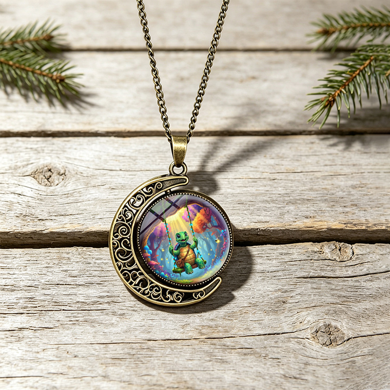 3pc Magical Forest Turtle Vintage Earrings & Crescent Moon Necklace Set